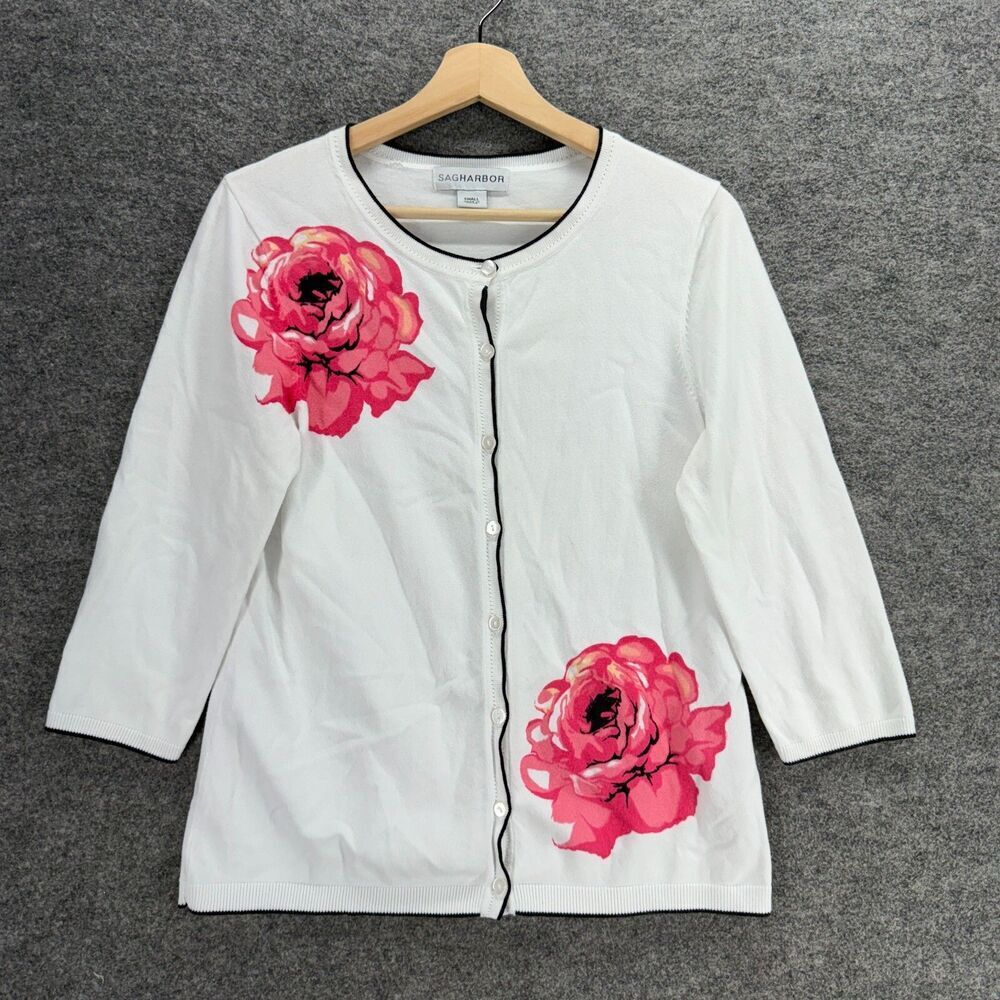 Sag Harbor Cardigan Women S Small White Floral Long Sleeve Button Up Cotton